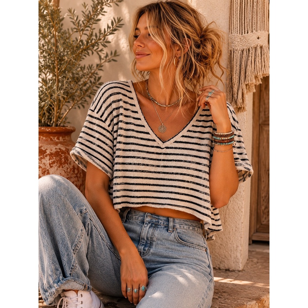 Altar'd State Striped V-Neck‎ Crop Top Cream Navy Blue Relaxed Fit Small